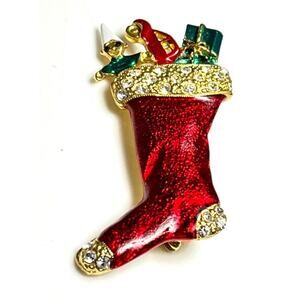 Christmas Stocking Brooch Pin Enameled Red Gold Rhinestone Toys Gnome Car Gift